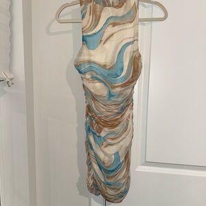 Privy Swirl Pattern Mini Dress in Cream, Blue, and Brown